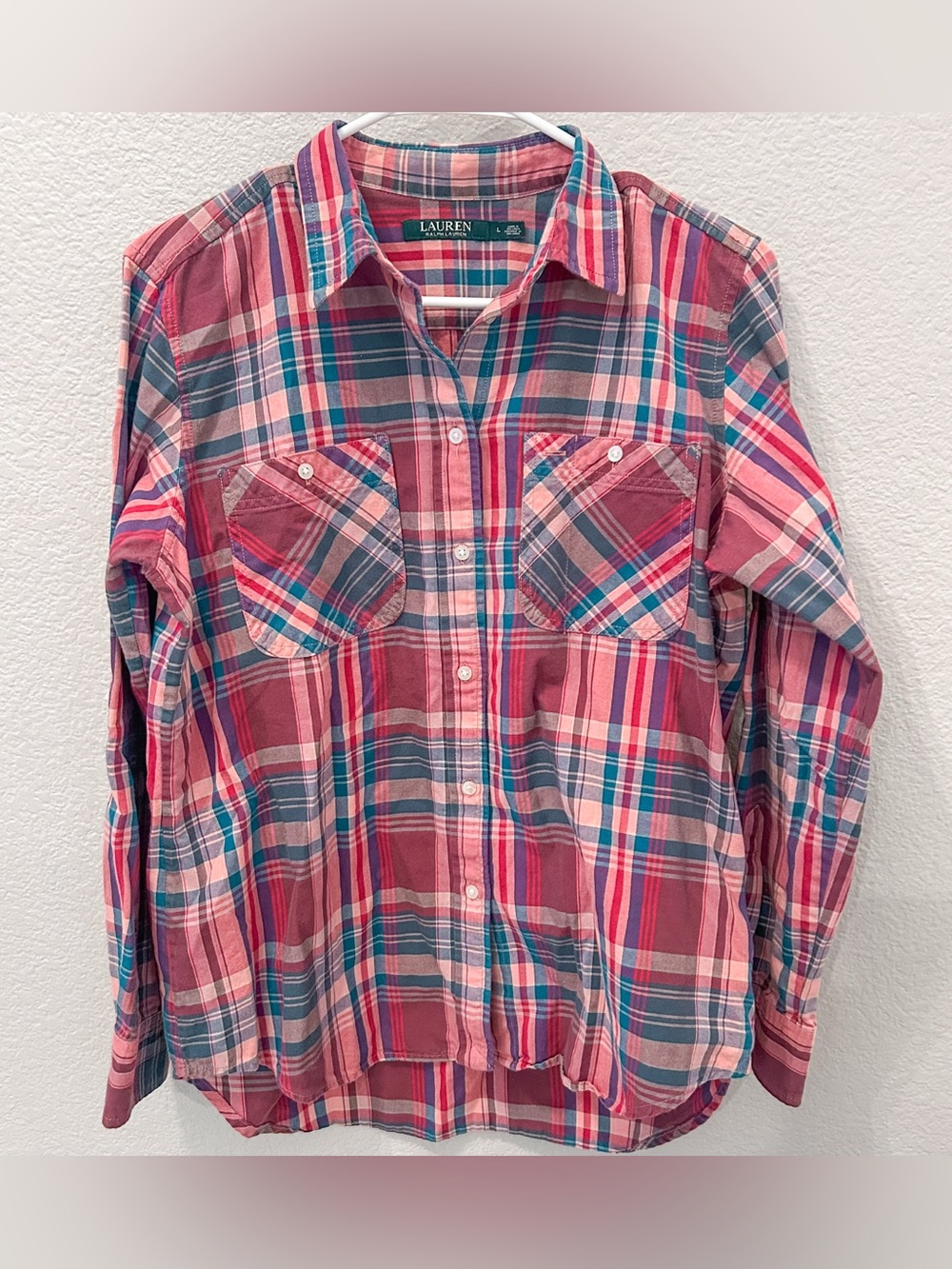 Lauren Ralph Lauren Plaid Button Up Shirt Women’s L Long Sleeve Pockets